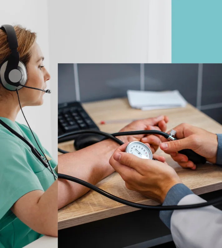 Profesional sanitario tomando la tensión arterial a un paciente y enfermera con auriculares atendiendo una consulta durante la fase de desintoxicación